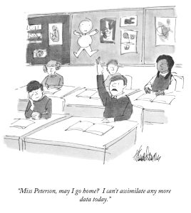 Cartoon image of student raising their hand in class.